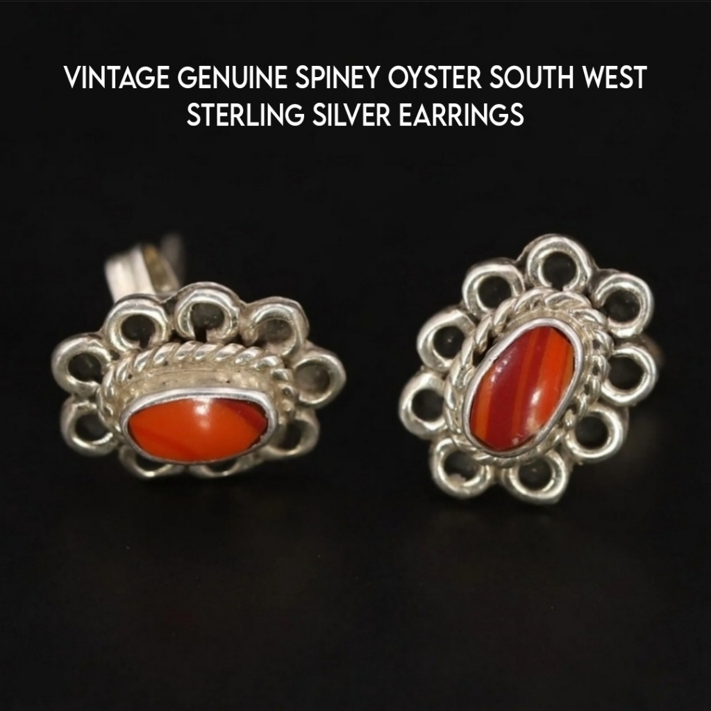 Vtg Sterling Silver - Southwestern Spiny Oyster Shell Post Stud Earrings - 1g